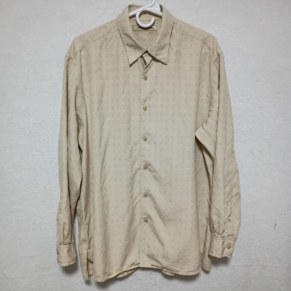 Tommy Bahama Shirt Mens Large Beige 100% Silk Long Sleeve Button Front Textured